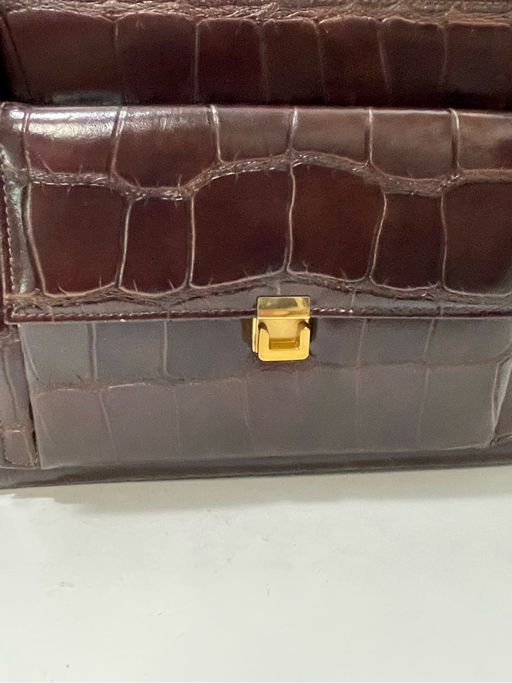 Vintage 1950s Faux Alligator Embossed Structured Top Handle Handbag Brown - Picture 7 of 14